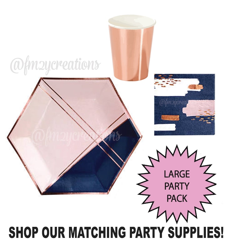 May include: A set of party supplies in a navy blue and blush pink color scheme with gold accents. The set includes a hexagonal paper plate, a paper cup, and a paper napkin. The napkin has a white and blush pink abstract design with gold accents. The text "LARGE PARTY PACK" is on a pink starburst.