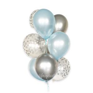 BLUE and SILVER Balloons | Blue and Silver Bridal Shower | Blue and Silver Gray Baby Shower | Blue and Confetti Balloons | Wedding Decor