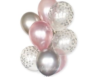 Pink and SILVER Balloons | Pink and Silver Bridal Shower | Pink and Silver Gray GIRL Baby Shower | Pink Confetti Balloons | Wedding Decor