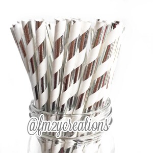 FOIL SILVER Paper Straws Metallic Silver Foil Stripe Straws SILVER Wedding Straws 25th Birthday Party 25th Wedding Anniversary image 1