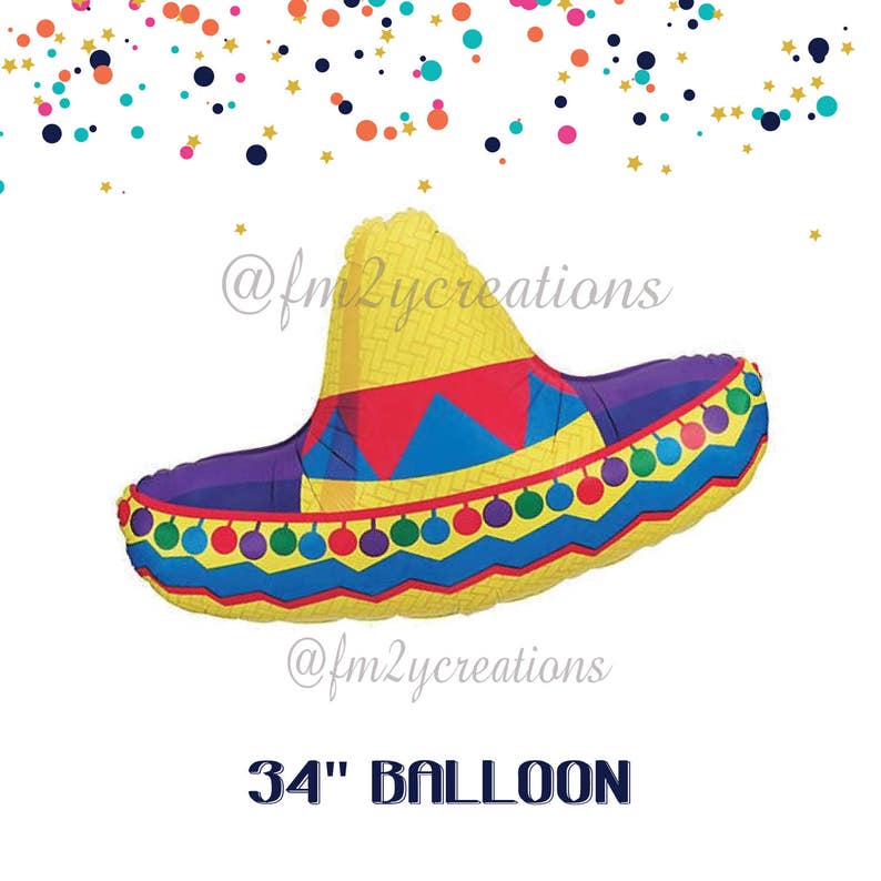 May include: A 34-inch yellow, blue, red, and green sombrero balloon. The balloon is shaped like a traditional Mexican hat.