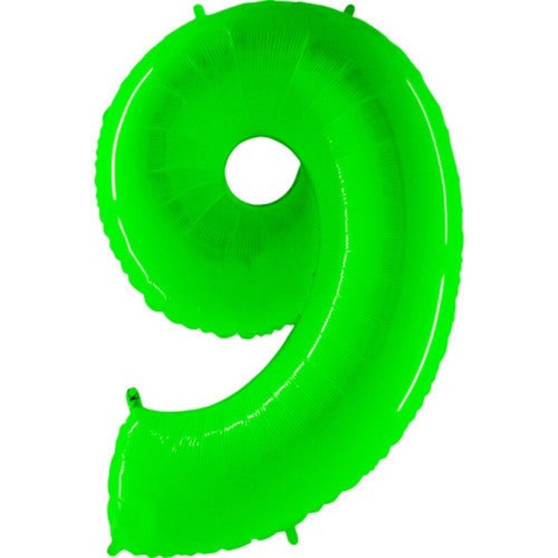 May include: A bright green foil balloon shaped like the number nine. The balloon is inflated and ready to be used for a party or celebration.