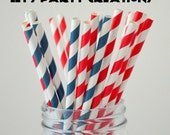 Paper Straws--50 Navy and Red Stripe, Nautical Paper Straws Retro Vintage: Navy Weddings, Birthday Party, Nautical Baby Shower