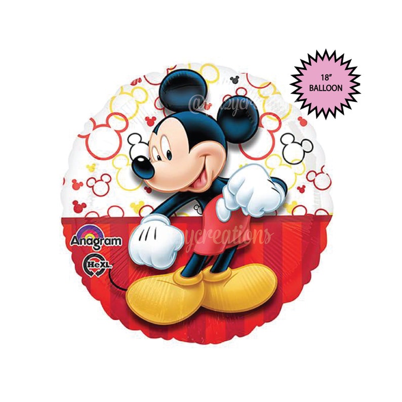 May include: An 18 inch Mickey Mouse balloon with a red and white striped background. The balloon features a white background with red Mickey Mouse ears and a red and white striped background.