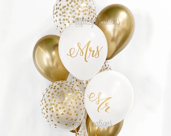 Mr and Mrs Balloons | Engagement Party Balloons | Gold and White Bridal Shower | Gold Wedding Balloons | Gold Confetti and White Balloons