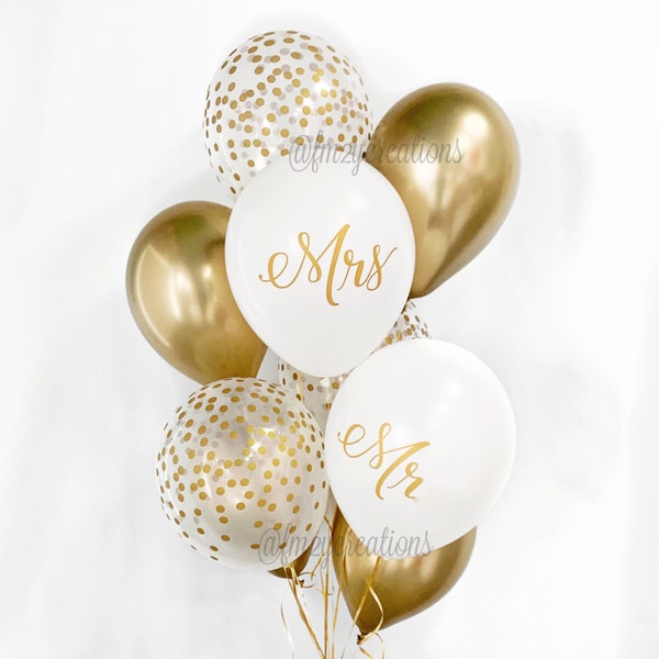 Mr and Mrs Balloons | Engagement Party Balloons | Gold and White Bridal Shower | Gold Wedding Balloons | Gold Confetti and White Balloons