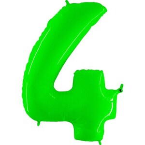 May include: A bright green number four balloon. The balloon is inflated and ready to be used for a party or celebration.