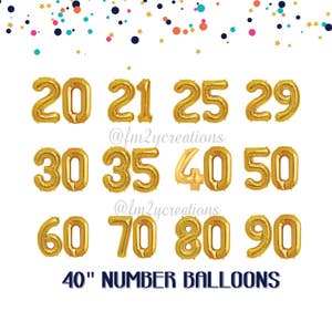 May include: A set of ten gold 40-inch number balloons, including the numbers 20, 21, 25, 29, 30, 35, 40, 50, 60, 70, 80, and 90. The balloons are arranged in four rows of three balloons each. The text "40" NUMBER BALLOONS is printed below the balloons.
