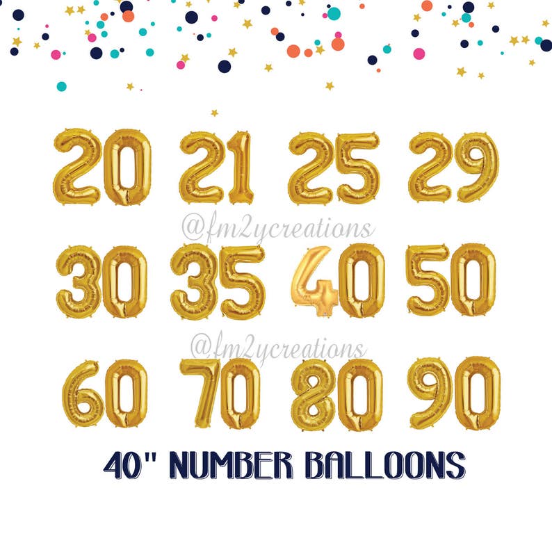 May include: A set of ten gold 40-inch number balloons, including the numbers 20, 21, 25, 29, 30, 35, 40, 50, 60, 70, 80, and 90. The balloons are arranged in four rows of three balloons each. The text "40" NUMBER BALLOONS is printed below the balloons.