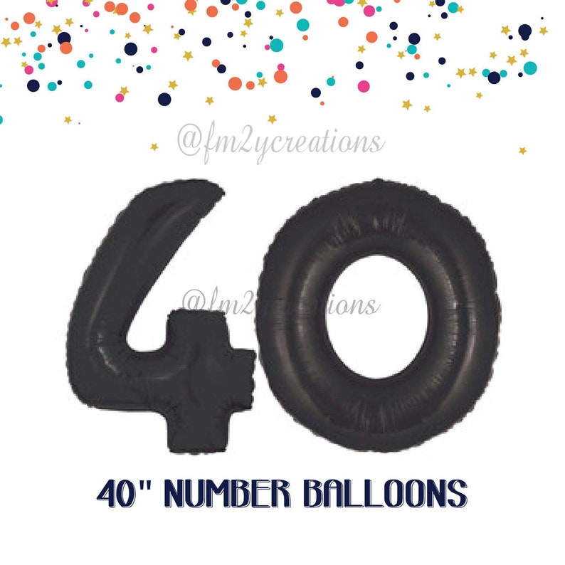 May include: Two black 40 inch number balloons, one for the number 4 and one for the number 0. The balloons are against a white background with confetti in various colors.
