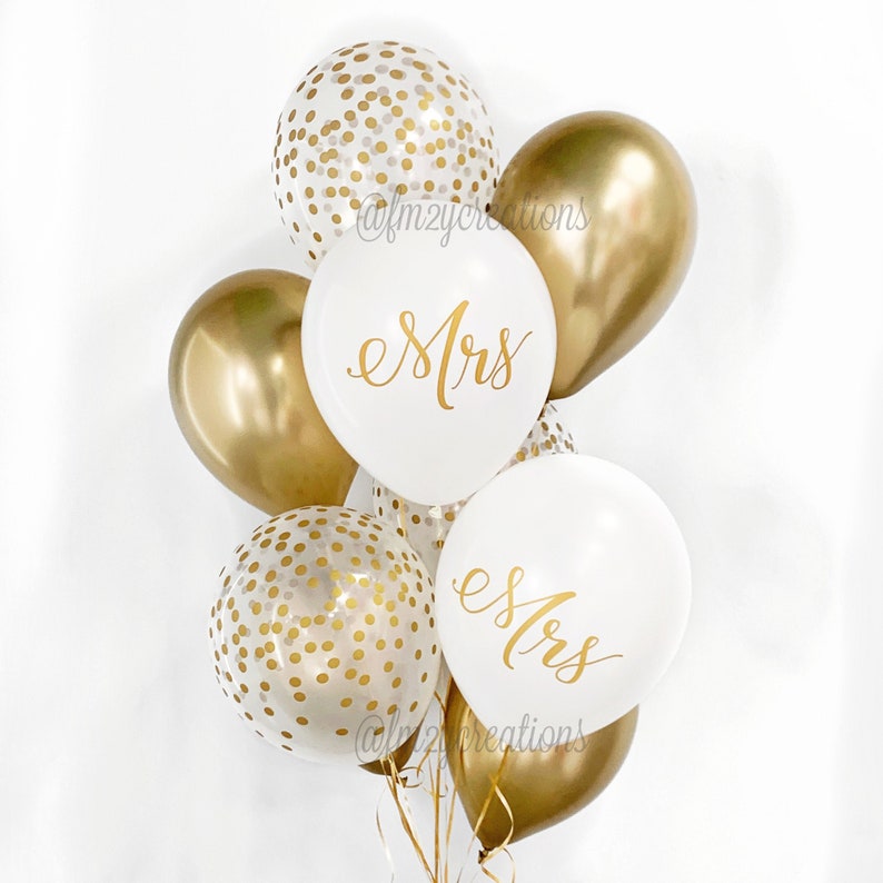 Mrs Balloons Gold and White Bridal Shower Engagement Party Balloons Mr and Mrs Balloons Gold Wedding Balloons Gold Confetti Balloons image 1