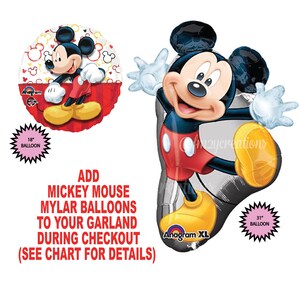 May include: Two Mickey Mouse Mylar balloons, one red and white with a heart pattern, 18 inches, and one silver with a black outline, 31 inches. Add Mickey Mouse Mylar balloons to your garland during checkout (see chart for details).