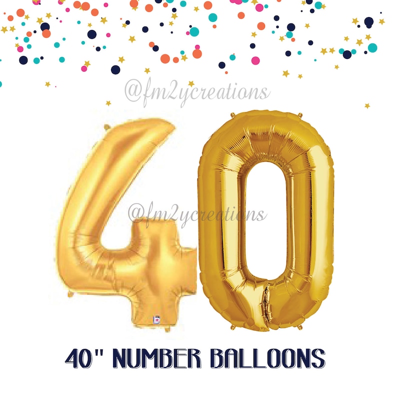 May include: Two gold foil number balloons, one 4 and one 0, each 40 inches in size. The balloons are against a white background with confetti.