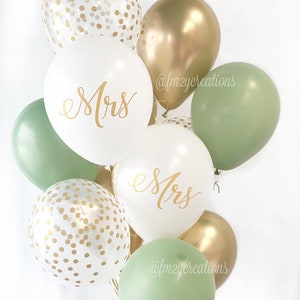 GREEN and Gold Mrs Balloons Bridal Shower Light Green Engagement Party Balloons Mr and Mrs Gold Wedding Balloons Sage Bridal Shower image 2