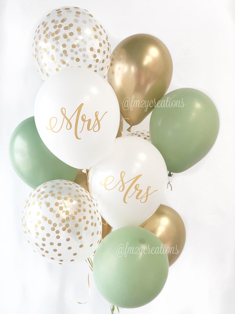 GREEN and Gold Mrs Balloons Bridal Shower Light Green Engagement Party Balloons Mr and Mrs Gold Wedding Balloons Sage Bridal Shower image 2