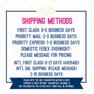 May include: A white and pink graphic with the text "SHIPPING METHODS" in bold, black letters. The graphic lists different shipping methods and their estimated delivery times, including First Class, Priority Mail, Priority Express, Domestic FedEx Overnight, International First Class, and International DHL Shipping. The graphic also includes a note that the only guaranteed method is USPS Express and FedEx options, and that if the package is not delivered on the stated date, funds will be refunded.