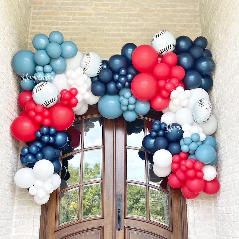 Baseball Birthday Baseball Balloon Garland BLUE RED White DIY Boy Baseball Baby Shower Baseball Birthday Party Balloon Garland Arch Kit image 1