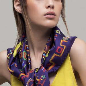 Printed silk twill scarf with original design inspired by ethnic rugs. Classic square foulard, Colorful designer scarf by Dikla Levsky. image 6