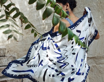 Silk printed scarf in White and Indigo, Made In Italy, Luxury long light and airy scarf