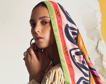 Printed silk scarf, Colorful and playful square scarf, Made in Italy, Luxury designer silk twill foulard  by Dikla Levsky