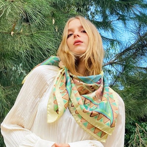 Printed square silk twill scarf in soft colors, Original designer scarf by Dikla Levsky, Made in Italy, Gift Box included, 35 x 35 in image 1