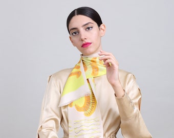 Elegant narrow silk twill scarf with yellow, white and orange