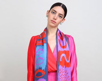 Printed scarf in vibrant Red and Purple, Narrow double-sided silk twill scarf, Elegant diagonal edges