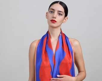 Red and Blue reversible silk scarf with 2 distinctive sides, Luxury statement designer printed scarf