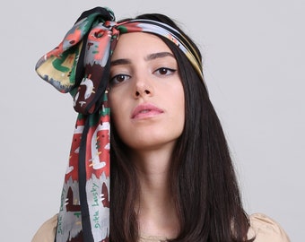 Super long printed silk scarf in black, chocolate, green, pink and vanilla. Luxurious hair scarf