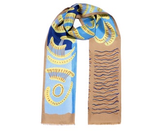 Printed narrow silk scarf with fringed edges, double sided designer scarf, Made in Italy