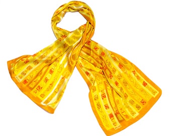 Long silk scarf with printed yellow hearts, Designer scarf by Dikla Levsky