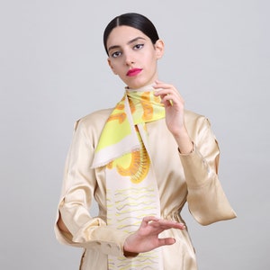 Elegant narrow silk twill scarf with yellow, white and orange image 1