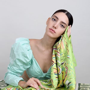 Printed silk-twill scarf, Square scarf in Lime, Made in Italy