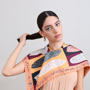 Printed silk scarf in autumn colors, Designer scarf by Dikla Levsky