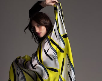 Bufanda cuadrada de seda extragrande: 55 pulgadas, color lima, negro, blanco y gris, estilo italiano.