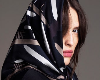 Printed square silk scarf in Black, White and Taupe, Luxurious twill silk designer scarf by Dikla Levsky, Gift for her