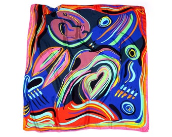 Printed silk sarong wrap, Multicolored square big sized designer scarf made from twill silk, Original artwork by Dikla Levsky