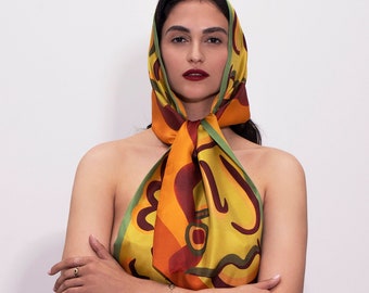 Printed silk scarf in vibrant colors and long shape with diagonal edges, Double sided reversible designer scarf, Gift for her