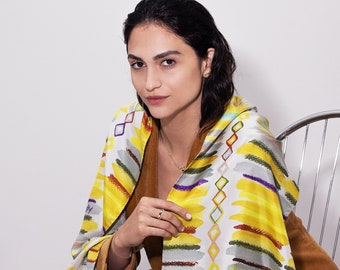 Printed silk long scarf with mainly Yellow stripes and colorful highlights, Rectangular elegant summer scarf, Gift for her, Made in Italy
