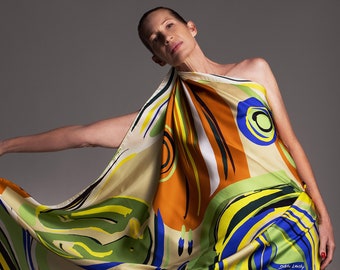 Printed silk multicolored Pareo, Big square designer scarf sized 55 inch, Statement coverup, Made in Italy