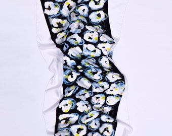 Printed floral silk twill scarf, Rectangular black, white and neon yellow printed silk shawl with abstract flowers