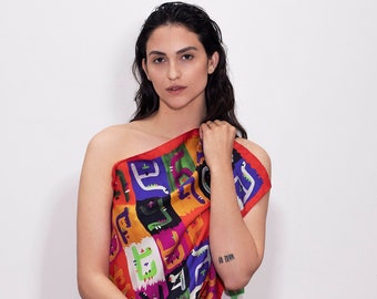 Printed square silk scarf in vibrant colors, Original designer twill scarf by Dikla Levsky, Gift for her, Made in Italy