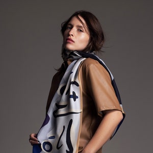 Printed silk scarf , double sided bias cut long scarf made from twill, Dark blue, Grey, Black, Tan brown