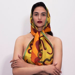 Printed silk scarf in vibrant colors and long shape with diagonal edges, Double sided reversible designer scarf, Gift for her image 1