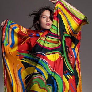 printed silk twill pareo, Huge scarf 55inch size square, designer coverup by Dikla Levsky, Made in Italy