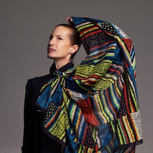 Printed multicolor scarf made from cotton and silk blend, Neon oversized scarf, Original designer Pareo from Dikla Levsky, Beach cover-up image 1