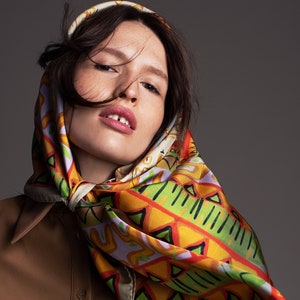 Printed multicolor square silk twill scarf in ,35.5 inch square. Designer scarf by Dikla Levsky. Made in Italy