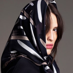 Printed square silk scarf in Black, White and Taupe, Luxurious twill silk designer scarf by Dikla Levsky, Gift for her image 1