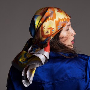 Printed square silk scarf, Multicolored designer scarf by Dikla Levsky, Holiday gift for her image 2