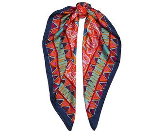 Square printed scarf, Silk Twill Ethnic Foulard, Bold red luxury scarf, Original print from Dikla Levsky, Made in Italy